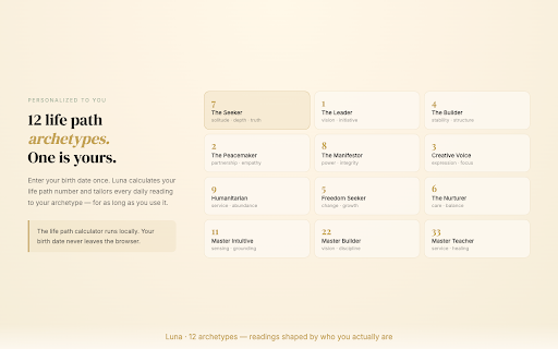 luna: daily angel numbers new tab :: Experience daily inspiration with Luna's spiritual new tab. Explore angel numbers, life path insights, and moon phases.