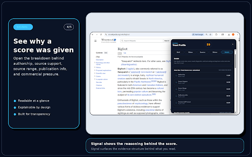 Signal - Trust Profile :: Browser-native trust scoring that exposes source transparency, citations, and evidence structure.
