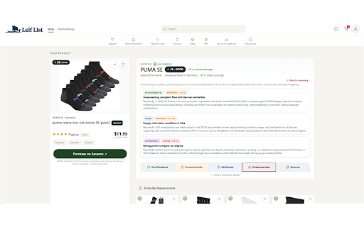 Leif List - Sustainability Scores :: See a brand's sustainability score while you shop on Amazon and partner brand sites. Click the Leif icon to check any product.