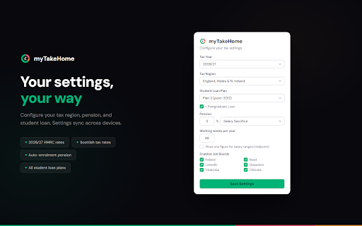 myTakeHome - UK Salary Calculator for Job Listings :: See your take-home pay instantly on UK job boards. Calculates net salary after tax, NI, student loans, and pension.