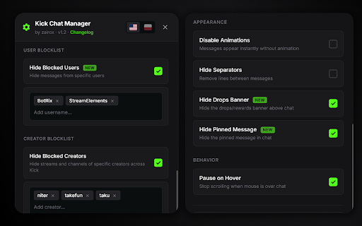 Kick Chat Manager - Anti-Spam Filter for Kick.com :: Take control of your Kick.com chat. Block spam, mute emote floods, hide creators, limit word walls. Private. 7TV support.
