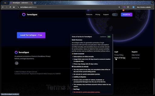 TermsDigest :: Understand Terms & Conditions instantly. Hover over legal links to get AI summaries highlighting costs, cancellation, and red flags.