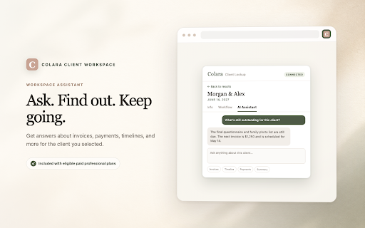 Colara Client Workspace :: Search clients, save notes, update workflows, and ask your workspace assistant from any Chrome tab.