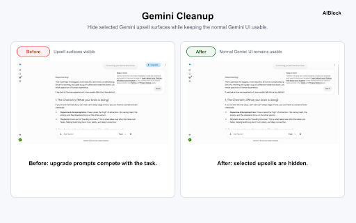 AIBlock: Hide AI Overviews & Pause AI :: Hide Google AI Overviews, clean up selected Workspace AI entry points, and pause before common AI tools. Free, local, no account.