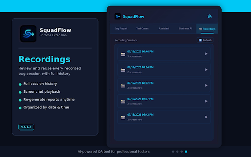 SquadFlow :: SquadFlow — Manual QA Companion. AI-powered Test Cases, Bug Reports & Smart Suggestions with 8+ AI providers. Jira integrated.