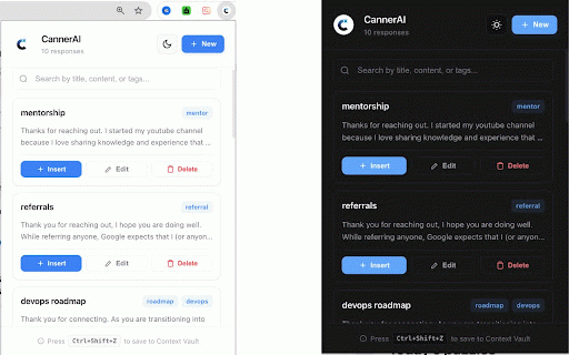 CannerAI: LinkedIn AI Writer & Canned Replies :: Save canned replies and turn any screenshot into a LinkedIn or X post written in your own voice. One-click insert.