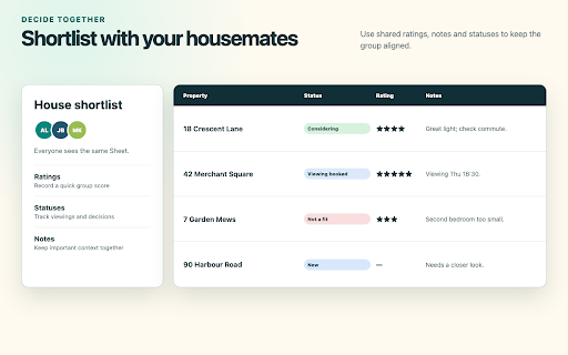 RentHuddle – Shared Rental Shortlist :: Save, compare and share rental listings from Rightmove, Zoopla and Zillow in one Google Sheet.