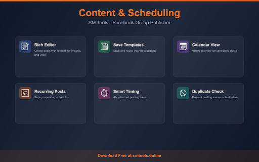 SM Tools - Facebook Group Publisher :: Schedule posts, manage accounts, publish to Facebook groups & run comment campaigns. No password storage.
