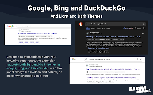 Karma Domains | Domain Age, SEO Checks & SERP Helper :: Domain age & Karma Metric in Google, Bing & DuckDuckGo. Popup: Authority, Traffic, Backlinks, WHOIS & more.