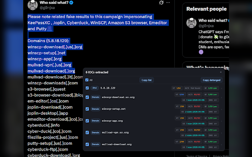 ThreatCheck :: Select any IOC on any web page to look it up across 29 threat intel platforms. Bulk extraction. API enrichment.
