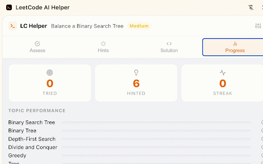 LeetCode AI Coach :: AI-powered LeetCode assistant: code assessment, progressive hints, optimal solutions, and personalized study recommendations.