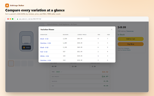 Arbitrage Stalker :: One-click AI buy verdicts on any Amazon product page, profit calc + SatScore saturation analysis, and stalk any storefront.