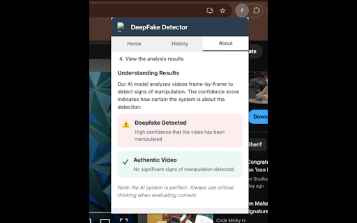 Deepfake Detector :: Detect deepfake videos across the web. Right-click any video to analyze it for manipulation.