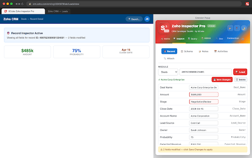 SCube Zoho Inspector Pro :: The developer toolkit for Zoho CRM. Inspect fields, run COQL queries, browse schema, and manage records — all without leaving Zoho.