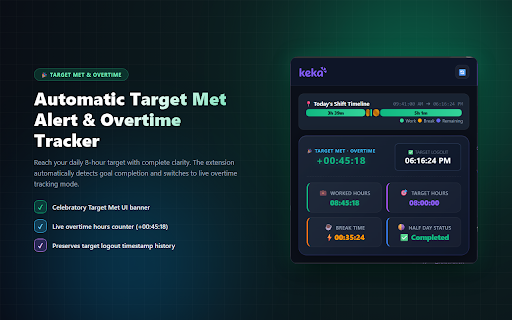 Keka Work Hours Logger :: Calculates effective work hours, remaining time, break duration, and target exit time for Keka HR portal.
