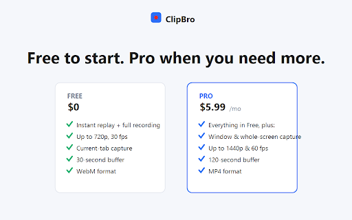 ClipBro — Instant Replay & Screen Recorder :: Record your browser tab and instantly save the last 15–30 seconds — like Discord clips, in your browser.
