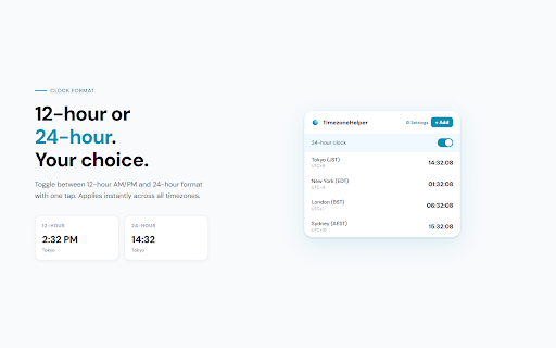TimezoneHelper — World Clock for Remote Teams :: Display multiple time zones as a live clock popup. Add custom cities, convert meeting times... | Not affiliated with Anthropic, PBC.