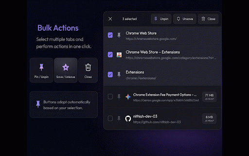 Tabix :: Fast, lightweight, keyboard-driven extension to manage tabs with bulk actions, search, bookmarking, and session persistence.