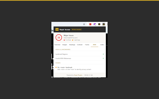 Royal Access Accessibility Checker :: Instant WCAG accessibility audit. Alt text, contrast, headings, ARIA, keyboard navigation, and more. Free, no account needed.