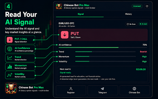 Chinese Bot Pro Max :: AI CALL/PUT signals analysis for binary options across every major broker on Real & OTC market.