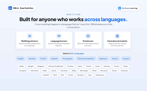 DBIRD Dual Subtitles - Zoom Meeting :: Dual live subtitles in Zoom meetings. Supports 30+ languages. Runs locally in your browser — 100% private.