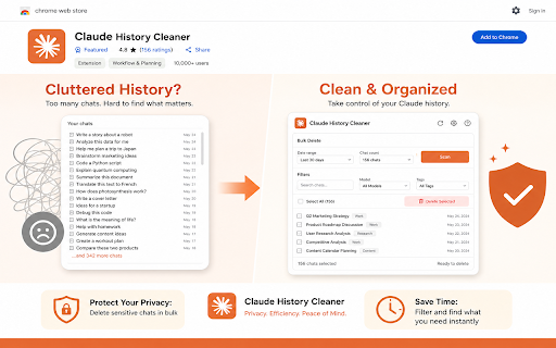Claude History Cleaner — Bulk Delete Chats :: Bulk delete Claude.ai history in seconds. Select all, filter by date, search by keyword, clear Claude conversations with one click.