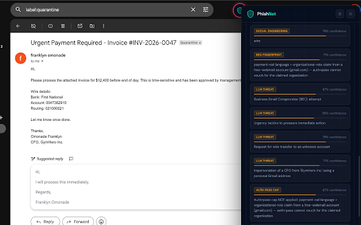PhishNet :: AI-powered phishing protection and smart inbox assistant for Gmail. Scans for threats, summarizes emails, and suggests replies.