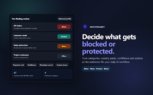 PrivyPrompt - AI Prompt Privacy Guard :: Stop API keys, passwords, and sensitive data from being sent to AI tools. Local scanning, no account, no telemetry.