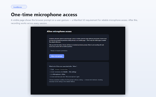 IronMemo: Free Audio Recorder & Transcribe Meetings & AI Notetaker :: Free audio recorder + optional cloud transcription. 10 free minutes/account. Records mic + tab audio. No bot in the call.
