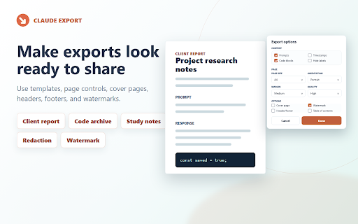 Claude Export to PDF, DOCX & Markdown :: Save Claude conversations as polished files or copy them to your clipboard. Exports are created locally in your browser.