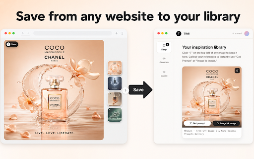 TIMI — AI Design Assistant: Save Ideas & Generate Images :: AI design assistant — save image ideas from any website, turn them into prompts, and generate new visuals with AI.