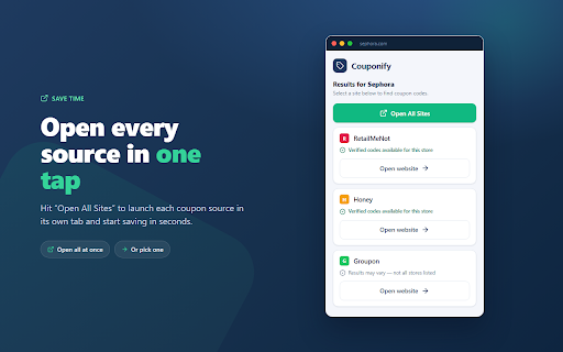 Couponify :: Couponify uses AI to scan the store you're visiting and surface trusted coupon sites that may have discounts or promo codes.