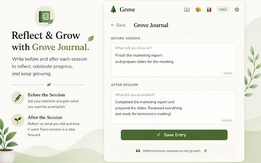 Grove – Pomodoro Timer & Website Blocker :: A calm, nature-themed Pomodoro timer with tasks, sound alerts, and website blocker to help you grow through focused work.