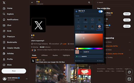 Dim for X :: Brings back the Dim theme to X (Twitter) with full color customization.