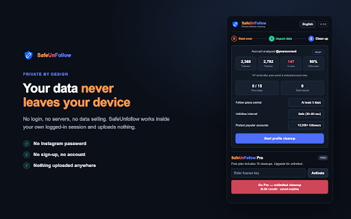 SafeUnfollow: Instagram Unfollowers Tracker — Who Doesn't Follow Me Back :: See who doesn't follow you back on Instagram, then unfollow non-followers safely. 100% local analysis — no password, no login.