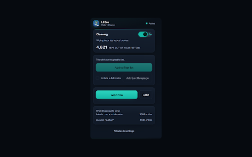 Lil Bro Wipe – History Cleaner :: Wipes the sites and words you pick out of your history: as you browse, or the next time you open the browser.