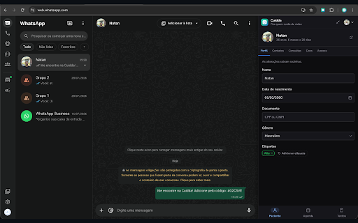 Cuidda para WhatsApp Web :: Mostra o paciente do Cuidda correspondente à conversa aberta no WhatsApp Web, sem sair do atendimento.
