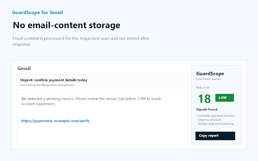 GuardScope - Email Security :: AI-assisted phishing and email threat analysis for Gmail with sender, link, domain, and social-engineering checks.