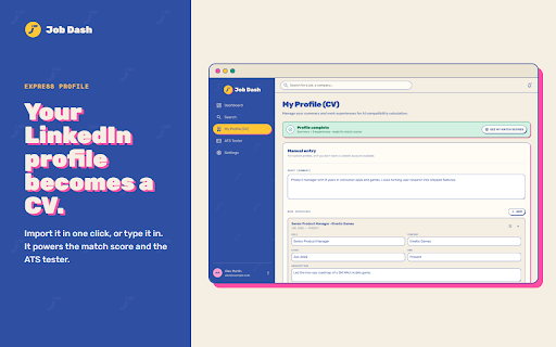 Job Dash - Job Tracker :: Import any job ad into Job Dash in one click: AI reads the listing with your own Gemini key.