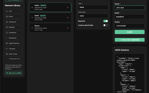 JSON Schema & GraphQL Form Builder :: Drag-and-drop form builder. Export and import as JSON Schema or GraphQL. No account, no data collected, fully offline.