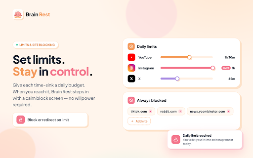 Brain Rest – Screen Time Tracker :: Track your screen time on every website and build healthier habits with focus mode, Pomodoro, daily limits, and site blocking.