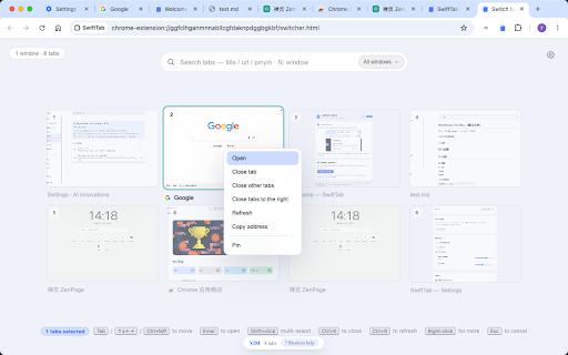 SwiftTab Pro :: Quick tab switcher with thumbnail previews, pinyin search, batch operations and Vim mode — switch to any tab in seconds.