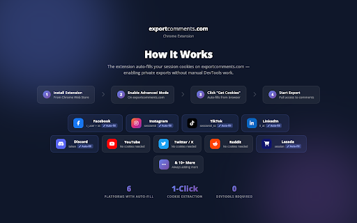 exportcomments.com :: Official exportcomments.com extension. Auto-retrieves cookies for Facebook, Instagram, TikTok, Discord, and more.