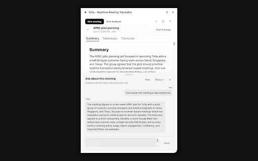 Tofia - Realtime Meeting Translator :: Realtime meeting translator for browser calls, with live transcript, context, and summaries.