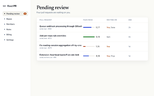 Read PR :: Proof-of-review as a CI check. Tracks time-on-file across GitHub pull requests.