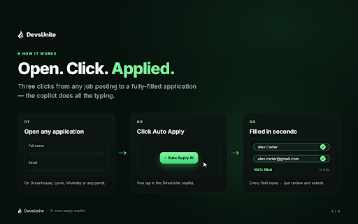DevsUnite Auto-Apply Copilot :: Instantly auto-fill job applications using your DevsUnite profile — powered by Devsunite AI.