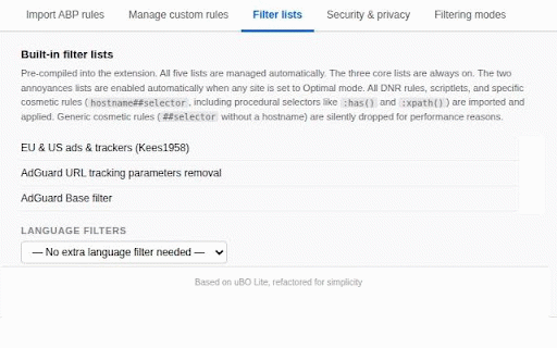 uBol-stripped :: Blocks ads and trackers using AdGuard Filters. Based on uBlock Origin Lite, refactored for simplicity.