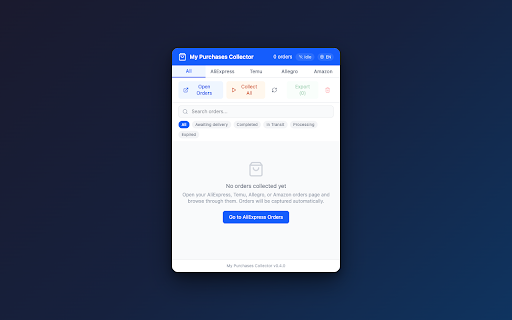 My Purchases Collector :: Automatically collect and export your AliExpress, Temu, Allegro, and Amazon orders to CSV, JSON, HTML, or clipboard.