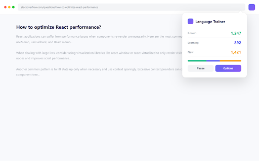 Language Trainer :: Learn English words passively while browsing. Words pop up on screen — mark them as known or unknown to drive spaced repetition.