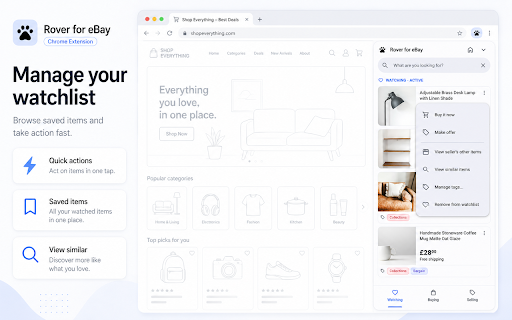 Rover — eBay Watchlist & Auction Tracker :: eBay watchlist tracker with live auction countdowns, tags, and a clean Chrome side panel. Free, no ads.